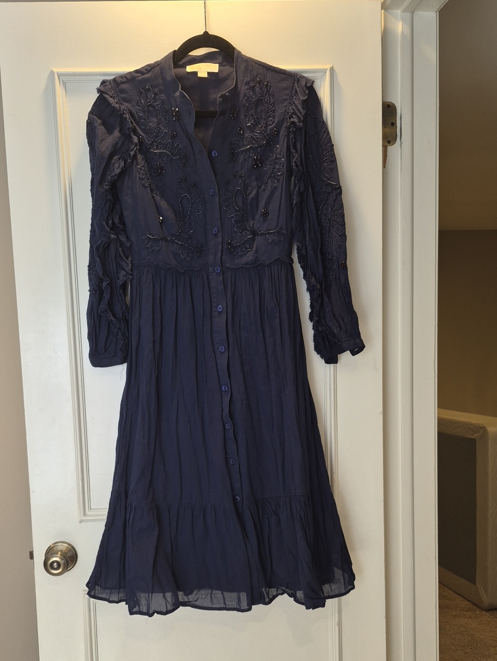 Michael Kors Navy Embroidered Button-Front Midi Dress
